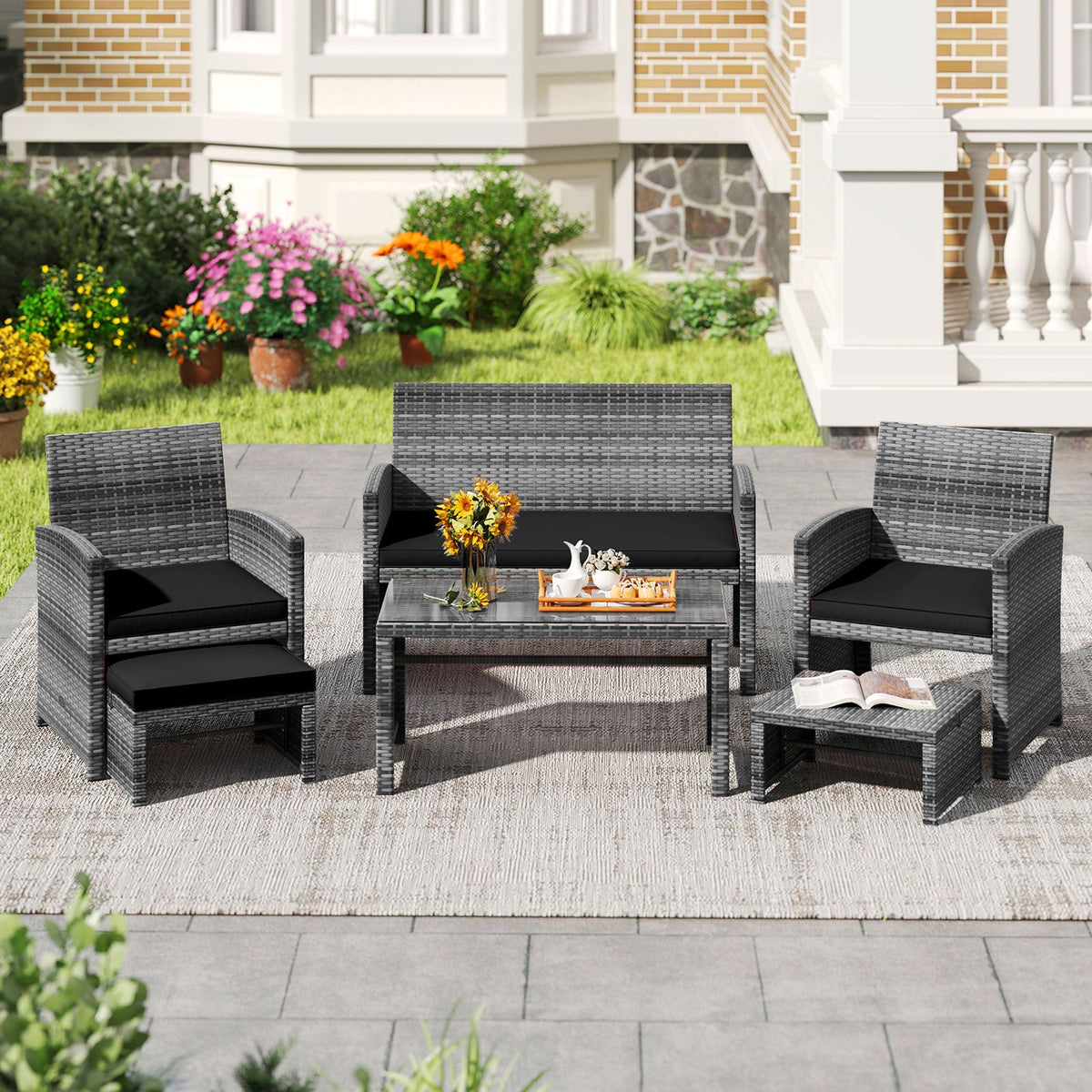 DirectDeals 6-piece PE rattan set; gray wicker, black cushions; sofa, 2 chairs, ottoman & table on Tampa Home & Garden Store