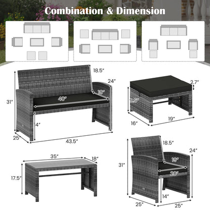 6-Piece DirectDeals PE rattan sectional with cushions; combination & dimension diagrams on Tampa Home & Garden Store