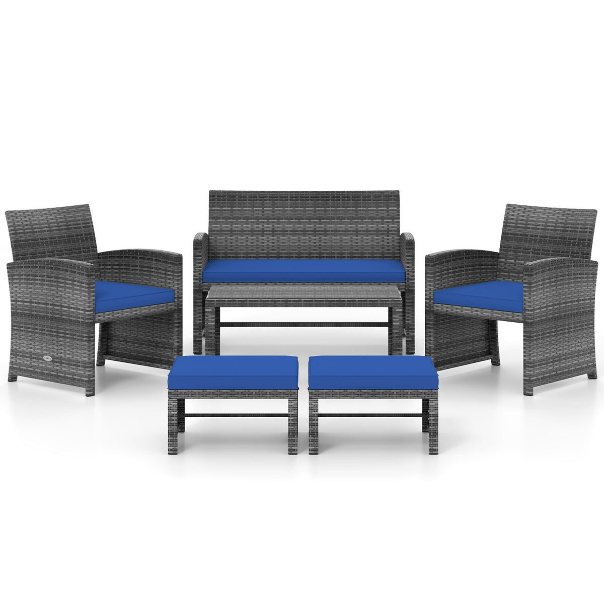 DirectDeals 6-piece PE rattan outdoor patio set with blue cushions: sofa, chairs, ottomans on Tampa Home & Garden Store