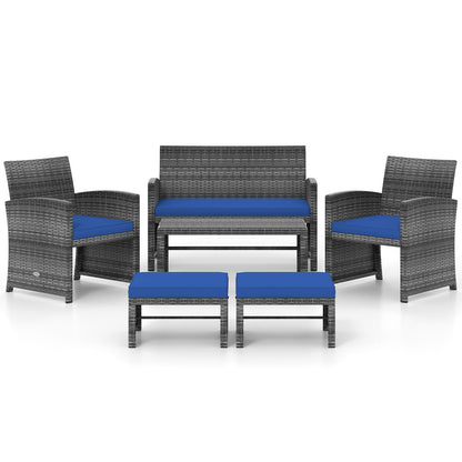 DirectDeals 6-piece PE rattan outdoor patio set with blue cushions: sofa, chairs, ottomans on Tampa Home & Garden Store