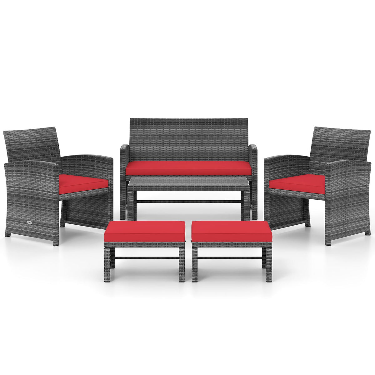 Six-piece outdoor PE rattan patio set with red cushions: sofa 2 chairs coffee table 2 ottomans on Tampa Home & Garden Store