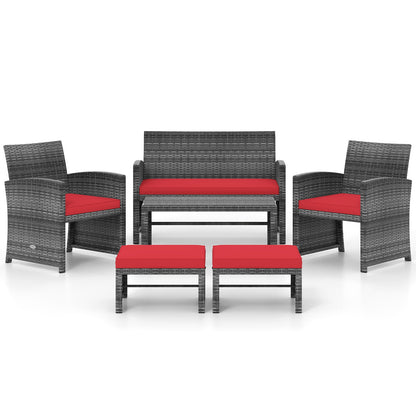 Six-piece outdoor PE rattan patio set with red cushions: sofa 2 chairs coffee table 2 ottomans on Tampa Home & Garden Store