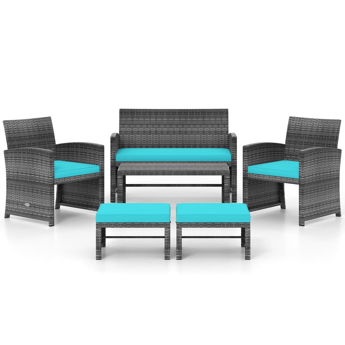 DirectDeals 6pc PE rattan outdoor set with teal cushions: loveseat, 2 chairs, 2 ottomans on Tampa Home & Garden Store