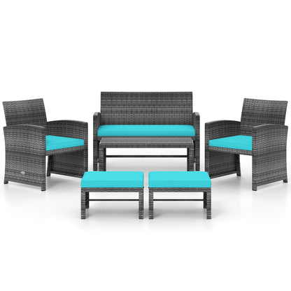 DirectDeals 6pc PE rattan outdoor set with teal cushions: loveseat, 2 chairs, 2 ottomans on Tampa Home & Garden Store