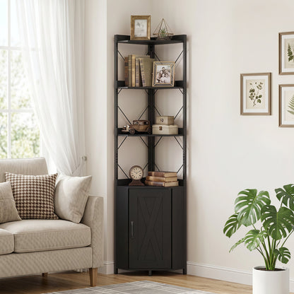 6-Tier Corner Bookshelf with Cabinet, 71-inch tall black metal frame with diagonal cross braces on Tampa Home & Garden Store