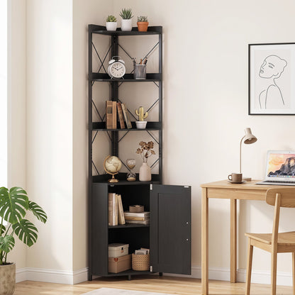 6-Tier Corner Bookshelf with Cabinet, black metal frame, 71 inches tall on Tampa Home & Garden Store