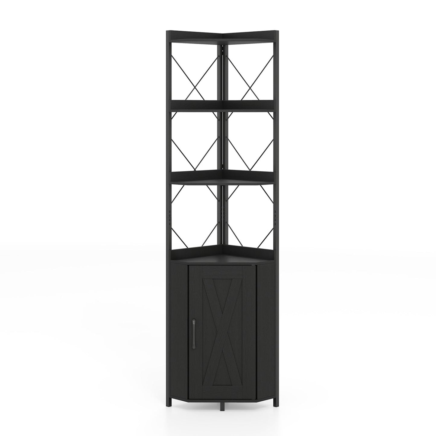 6-Tier Corner Bookshelf with Cabinet in black metal frame, 71in tall DirectDeals on Tampa Home & Garden Store
