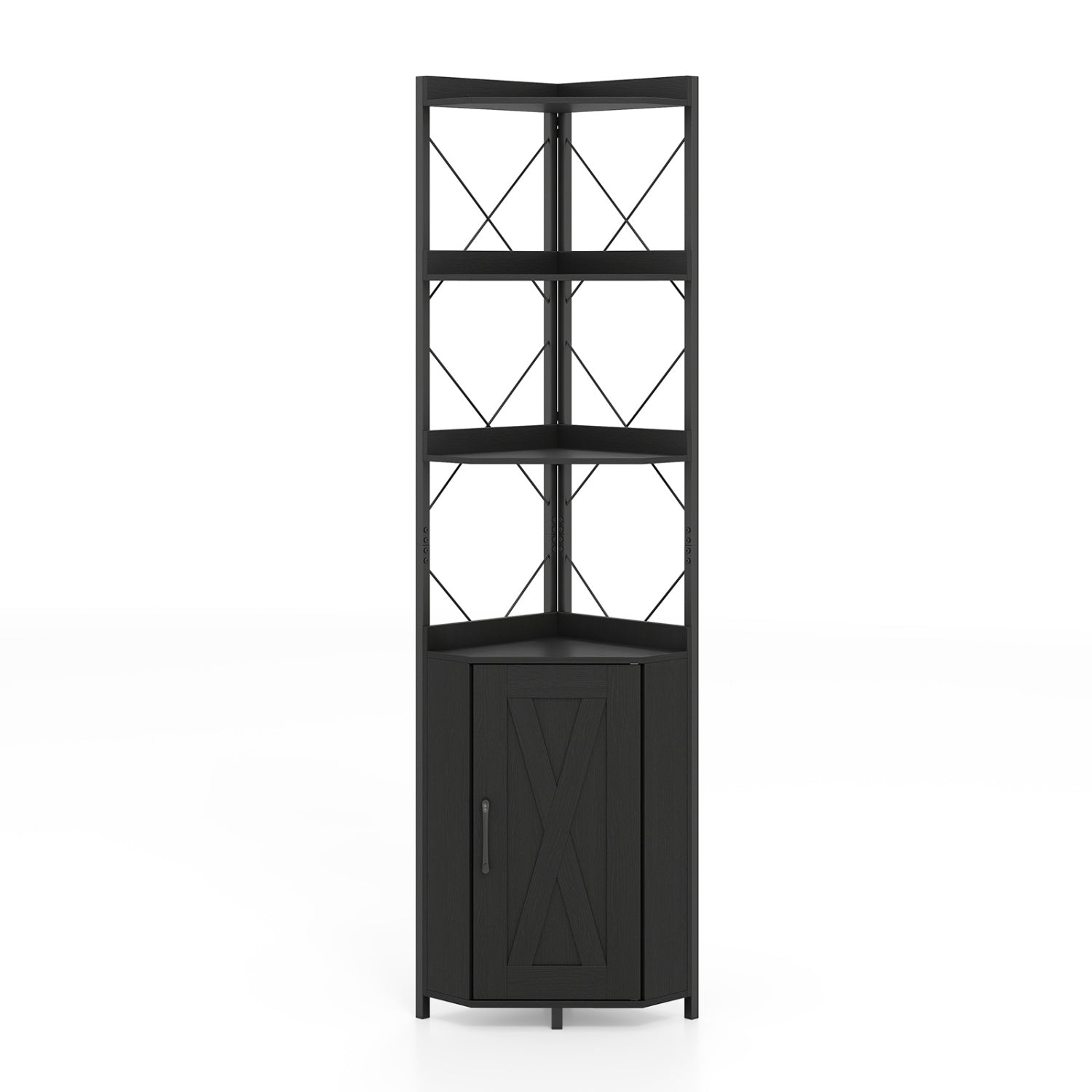 6-Tier Corner Bookshelf with Cabinet in black metal frame, 71in tall DirectDeals on Tampa Home & Garden Store
