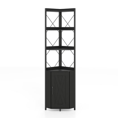 6-Tier Corner Bookshelf with Cabinet in black metal frame, 71in tall DirectDeals on Tampa Home & Garden Store