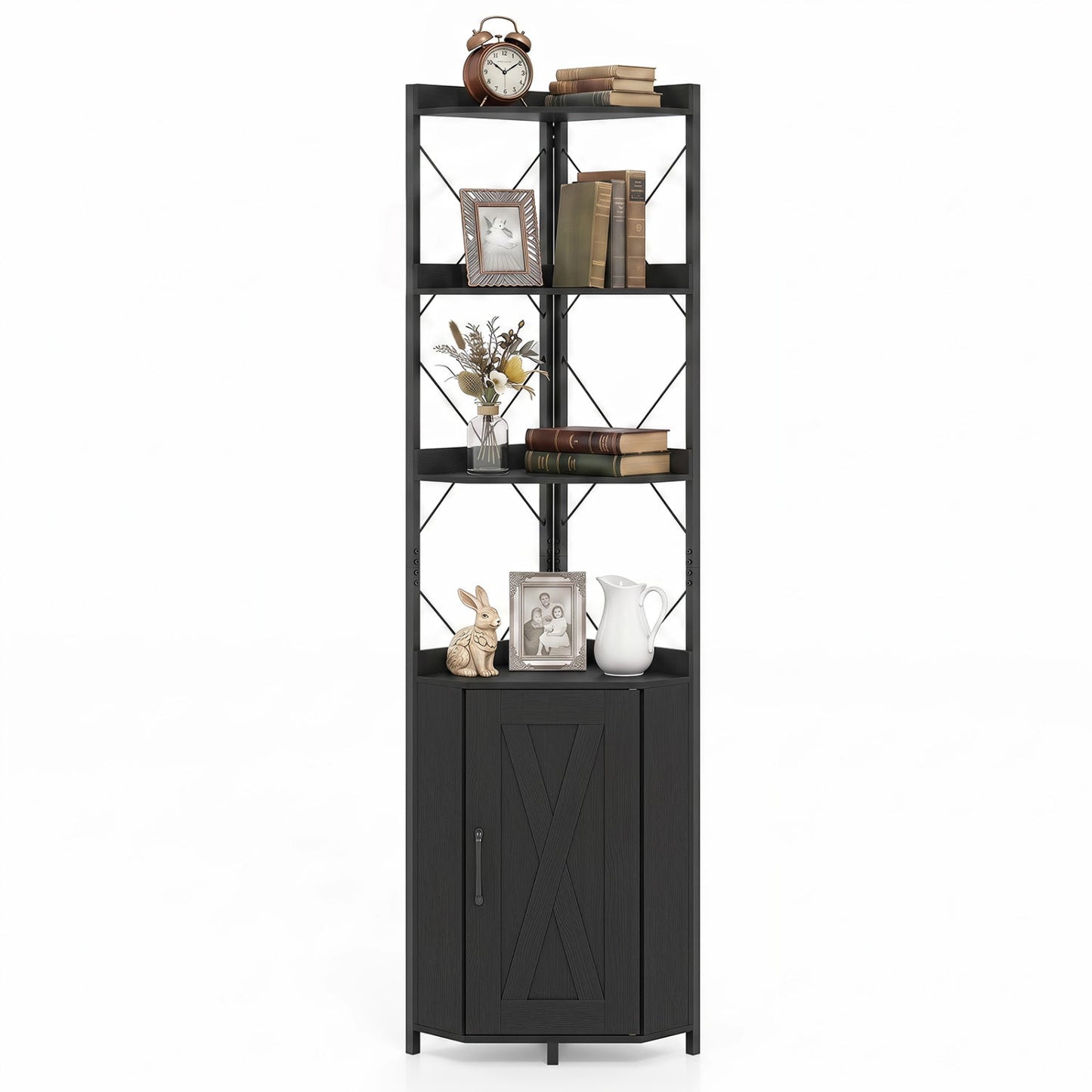 6-Tier Corner Bookcase with Cabinet, black metal frame and wood shelves, DirectDeals on Tampa Home & Garden Store