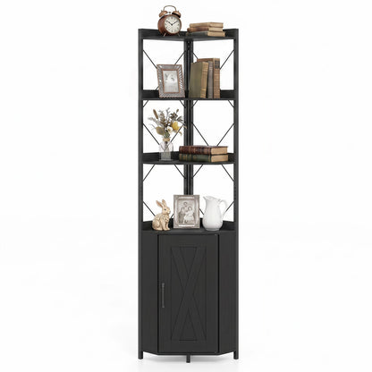 6-Tier Corner Bookcase with Cabinet, black metal frame and wood shelves, DirectDeals on Tampa Home & Garden Store