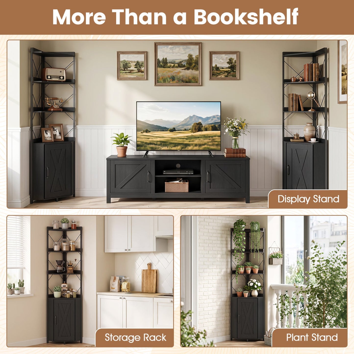 DirectDeals black 71-in tall 6-tier corner bookcase with cabinet, shown beside a TV stand on Tampa Home & Garden Store