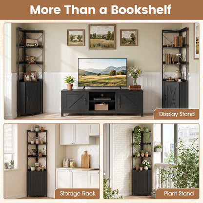 DirectDeals black 71-in tall 6-tier corner bookcase with cabinet, shown beside a TV stand on Tampa Home & Garden Store