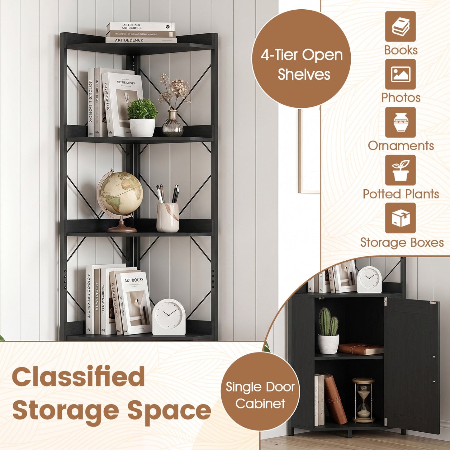 DirectDeals 6-Tier Corner Bookshelf with Cabinet, black metal frame, 71in tall, open shelves on Tampa Home & Garden Store