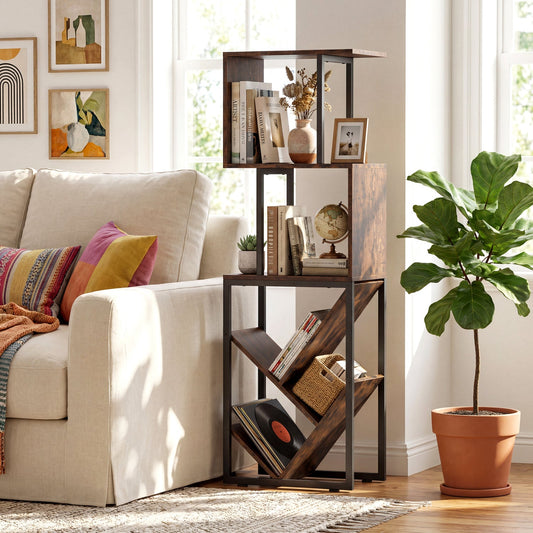 6-Tier Bookshelf Floor Standing Tree S-Shaped Geometric Bookcase with Open Shelves-Brown - Tampa Home & Garden Store