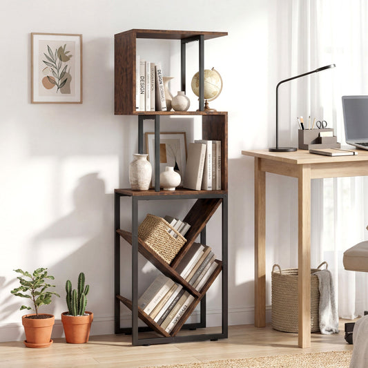 6-Tier Bookshelf Floor Standing Tree S-Shaped Geometric Bookcase with Open Shelves-Brown - Tampa Home & Garden Store