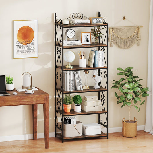 6-Tier Bookshelf Industrial Bookcase with 2 Anti-Tipping Kits and Metal Frame-Rustic Brown - Tampa Home & Garden Store
