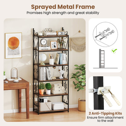 6-Tier Bookshelf Industrial Bookcase with 2 Anti-Tipping Kits and Metal Frame-Rustic Brown