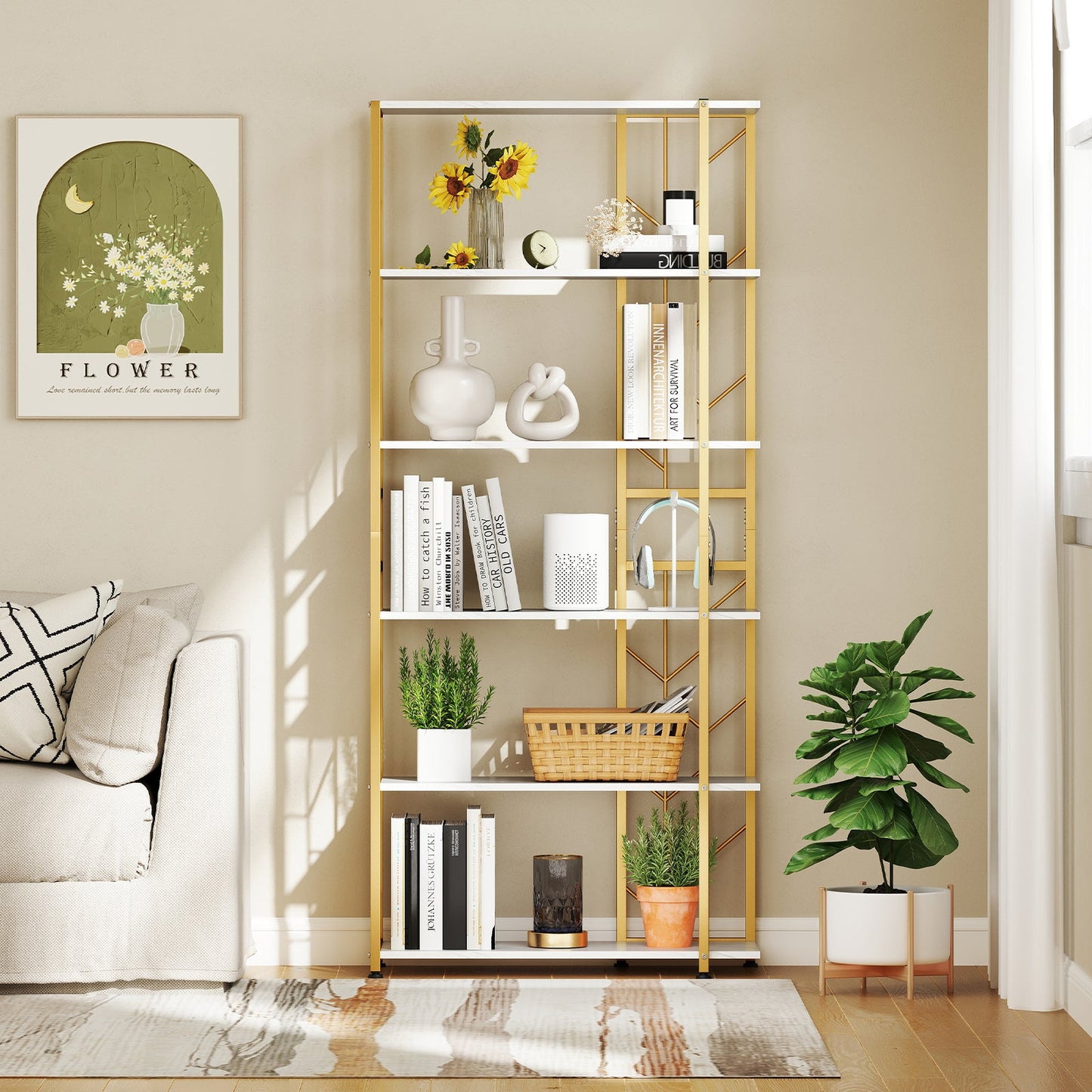 6-Tier Bookshelf Modern Geometric Bookcase with Heavy-duty Metal Frame and Anti-tipping Kits