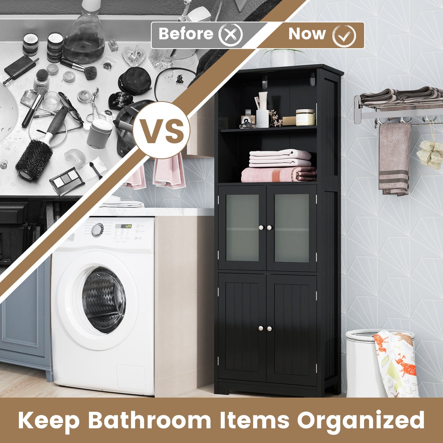 6-Tier Freestanding Bathroom Cabinet with 2 Open Compartments and Adjustable Shelves-Black