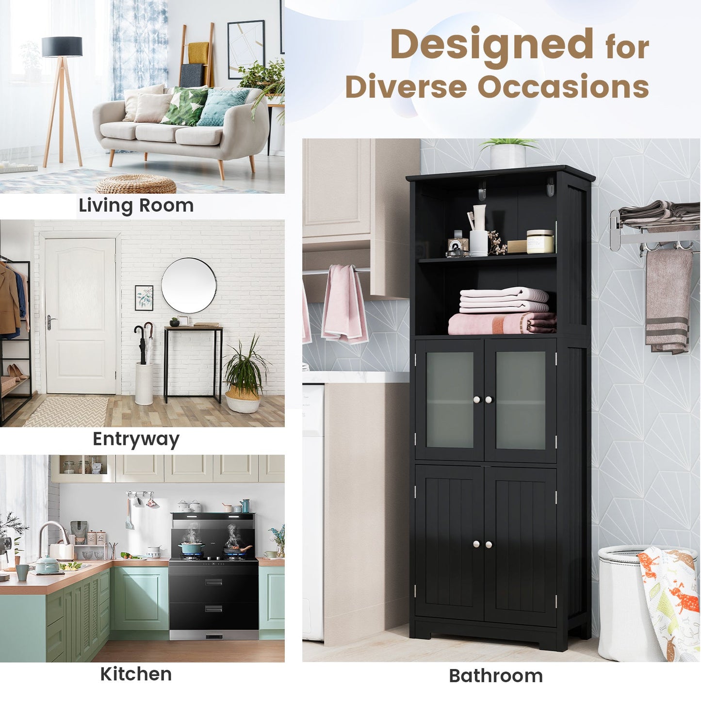 6-Tier Freestanding Bathroom Cabinet with 2 Open Compartments and Adjustable Shelves-Black