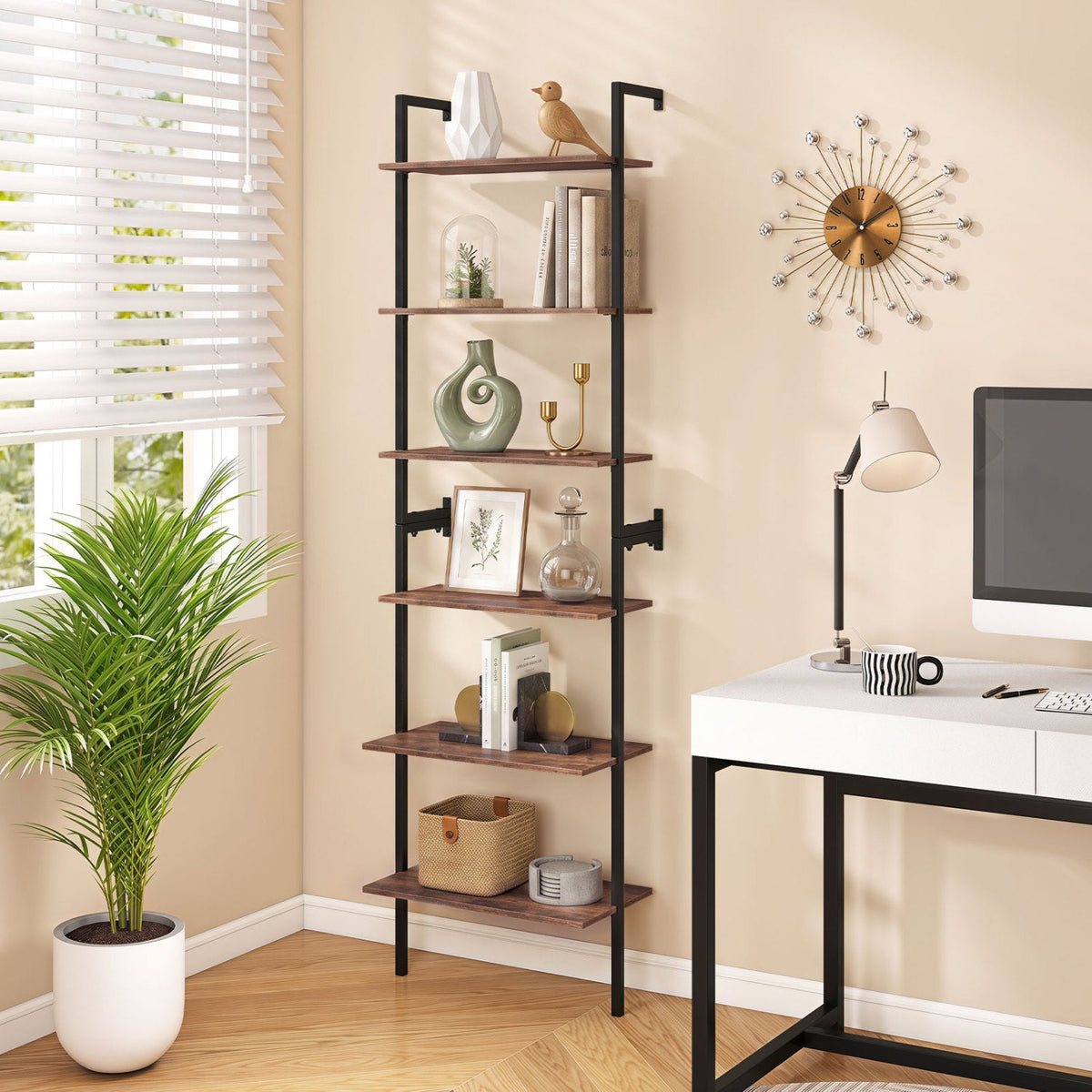 6-Tier ladder bookshelf with black metal frame and warm wood shelves DirectDeals bookcase on Tampa Home & Garden Store
