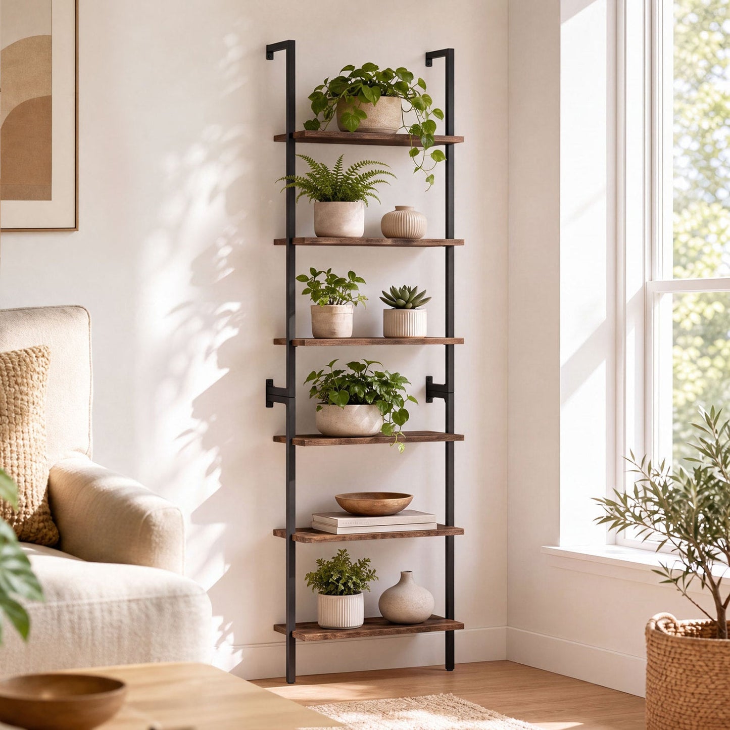 6-Tier Ladder Bookshelf with black metal frame and warm wood shelves by DirectDeals on Tampa Home & Garden Store
