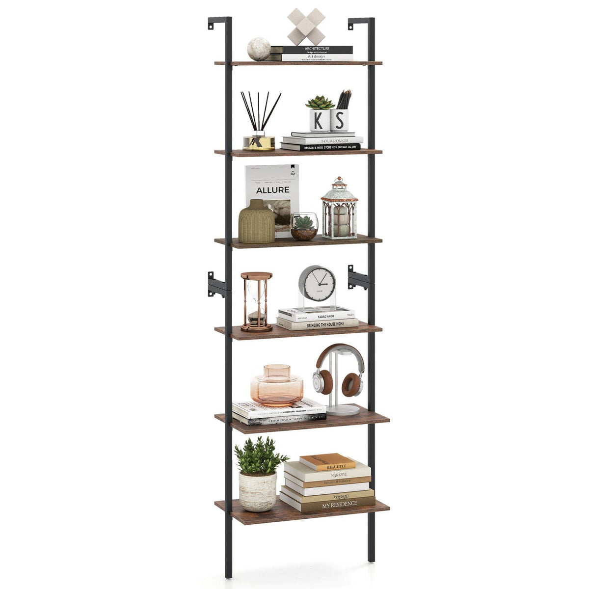 6-Tier ladder bookcase with metal frame, black finish and warm wood shelves on Tampa Home & Garden Store