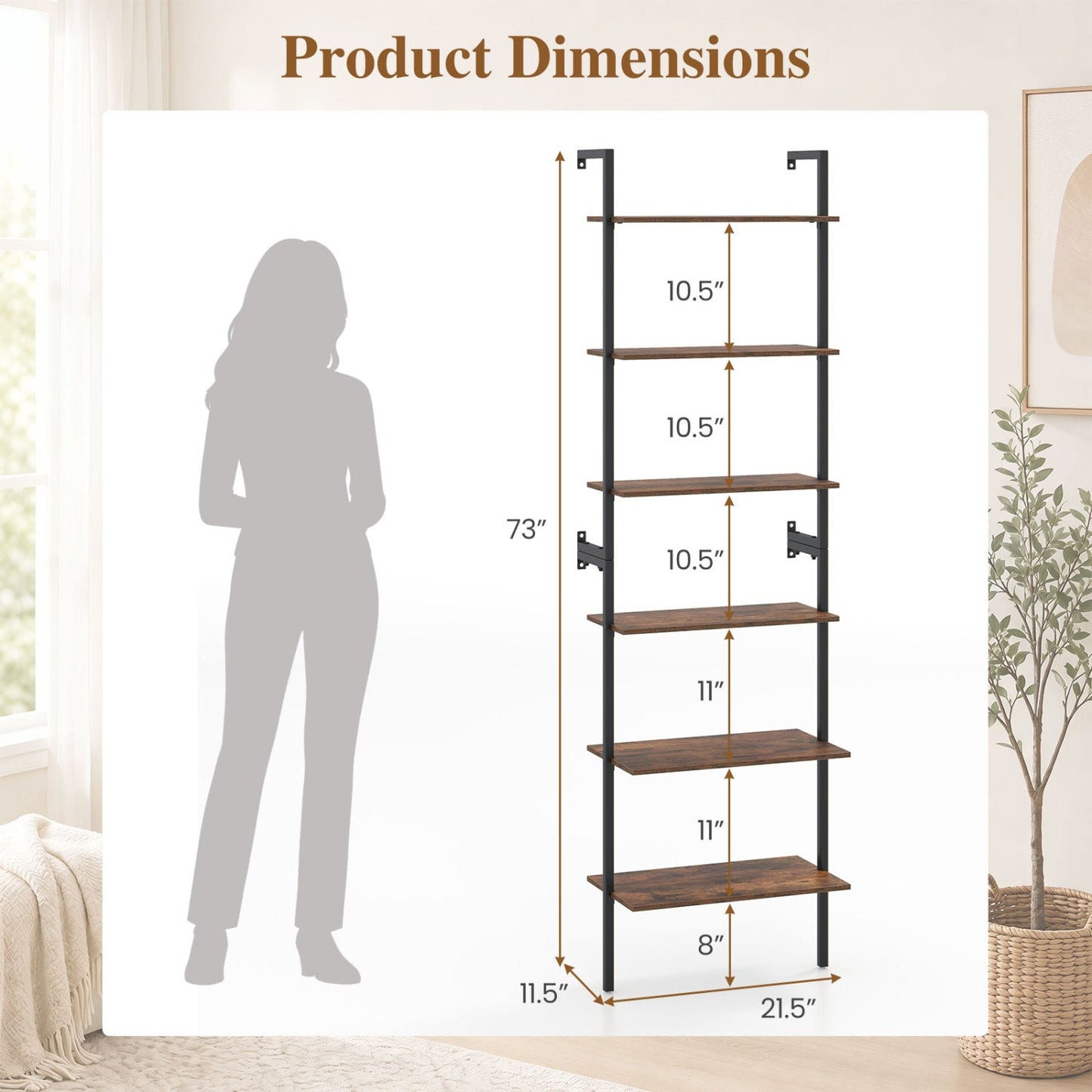Bookcase DirectDeals 6-Tier Ladder Bookshelf with black metal frame and brown wood shelves on Tampa Home & Garden Store