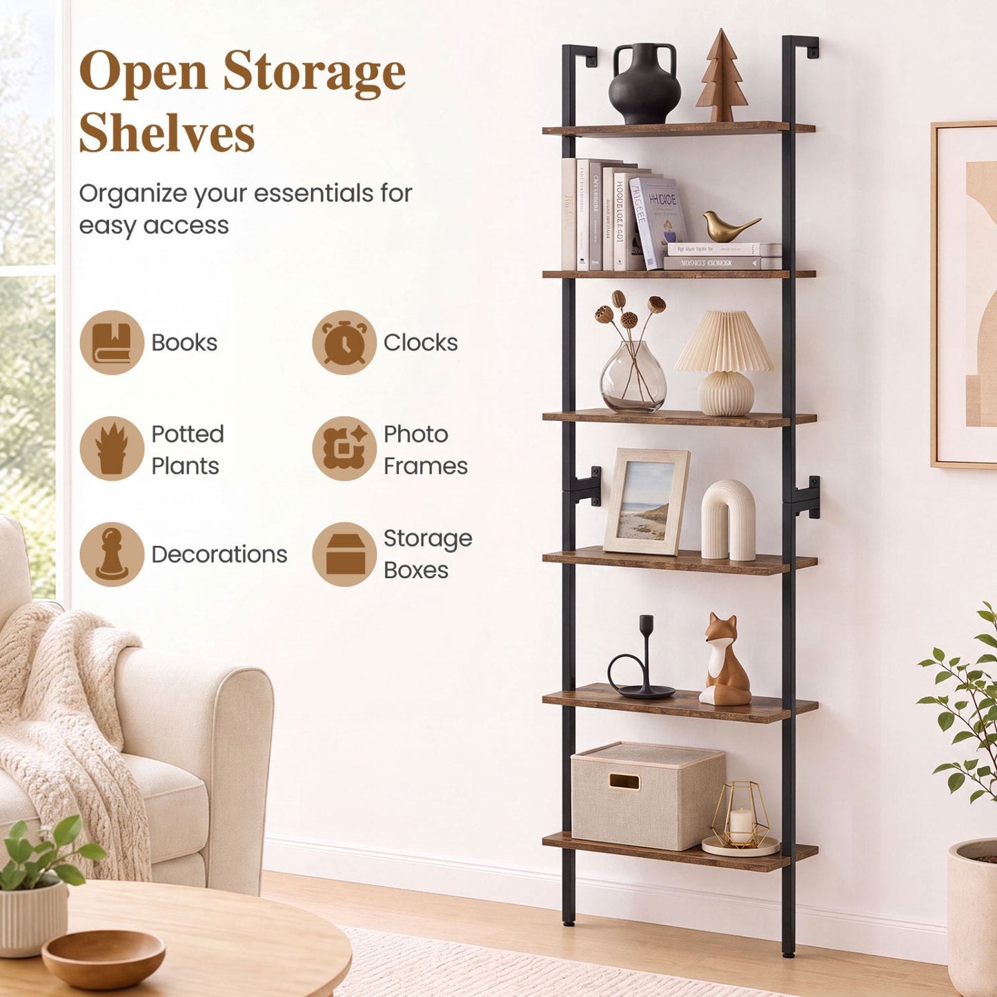 6-Tier Ladder Bookshelf with Metal Frame, wood shelves, black finish, DirectDeals bookcase on Tampa Home & Garden Store
