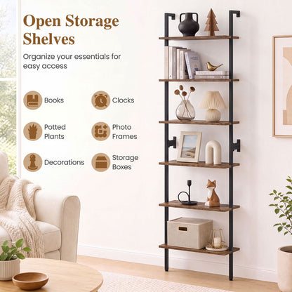 6-Tier Ladder Bookshelf with Metal Frame, wood shelves, black finish, DirectDeals bookcase on Tampa Home & Garden Store