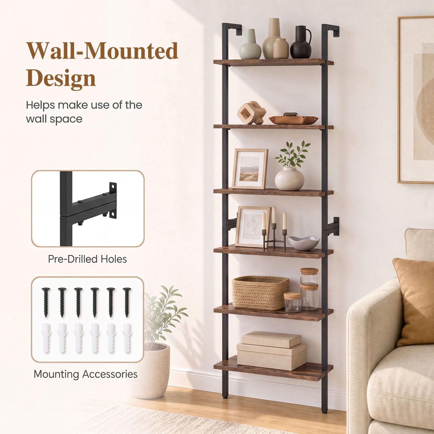 6-Tier ladder bookshelf with black metal frame and wood shelves wall-mounted DirectDeals on Tampa Home & Garden Store