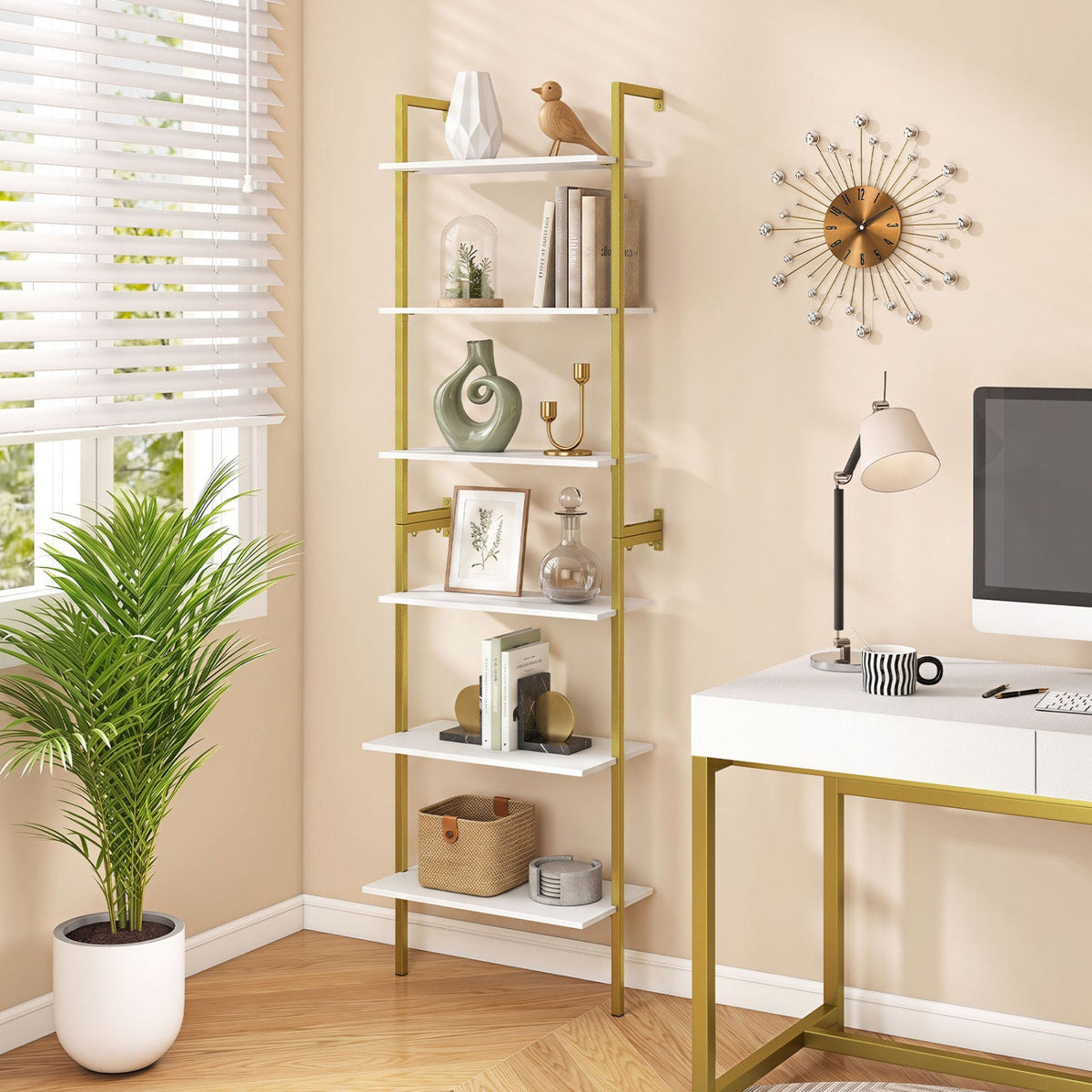 6-Tier Ladder Bookshelf with white shelves and gold metal frame by DirectDeals in a home office on Tampa Home & Garden Store