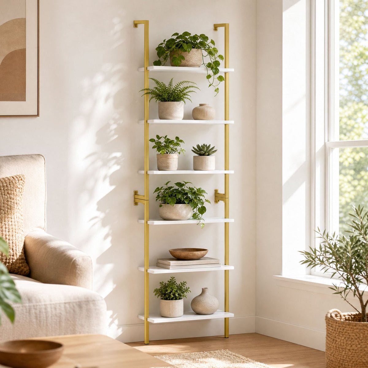 6-Tier Ladder Bookshelf with Metal Frame, white shelves and gold legs by DirectDeals on Tampa Home & Garden Store