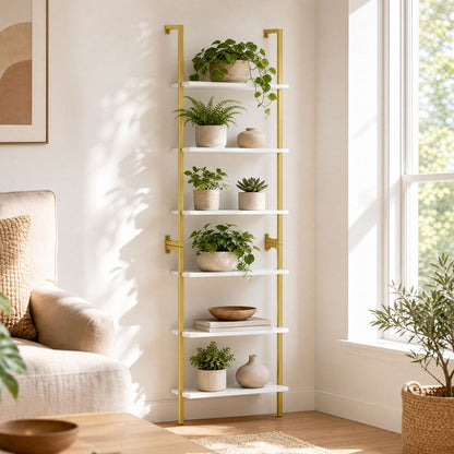 6-Tier Ladder Bookshelf with Metal Frame, white shelves and gold legs by DirectDeals on Tampa Home & Garden Store