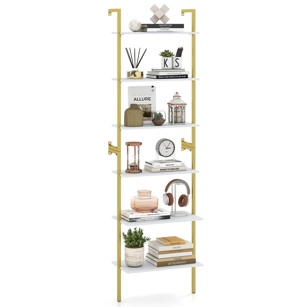 6-Tier Ladder Bookcase with metal frame, white shelves, gold finish DirectDeals on Tampa Home & Garden Store