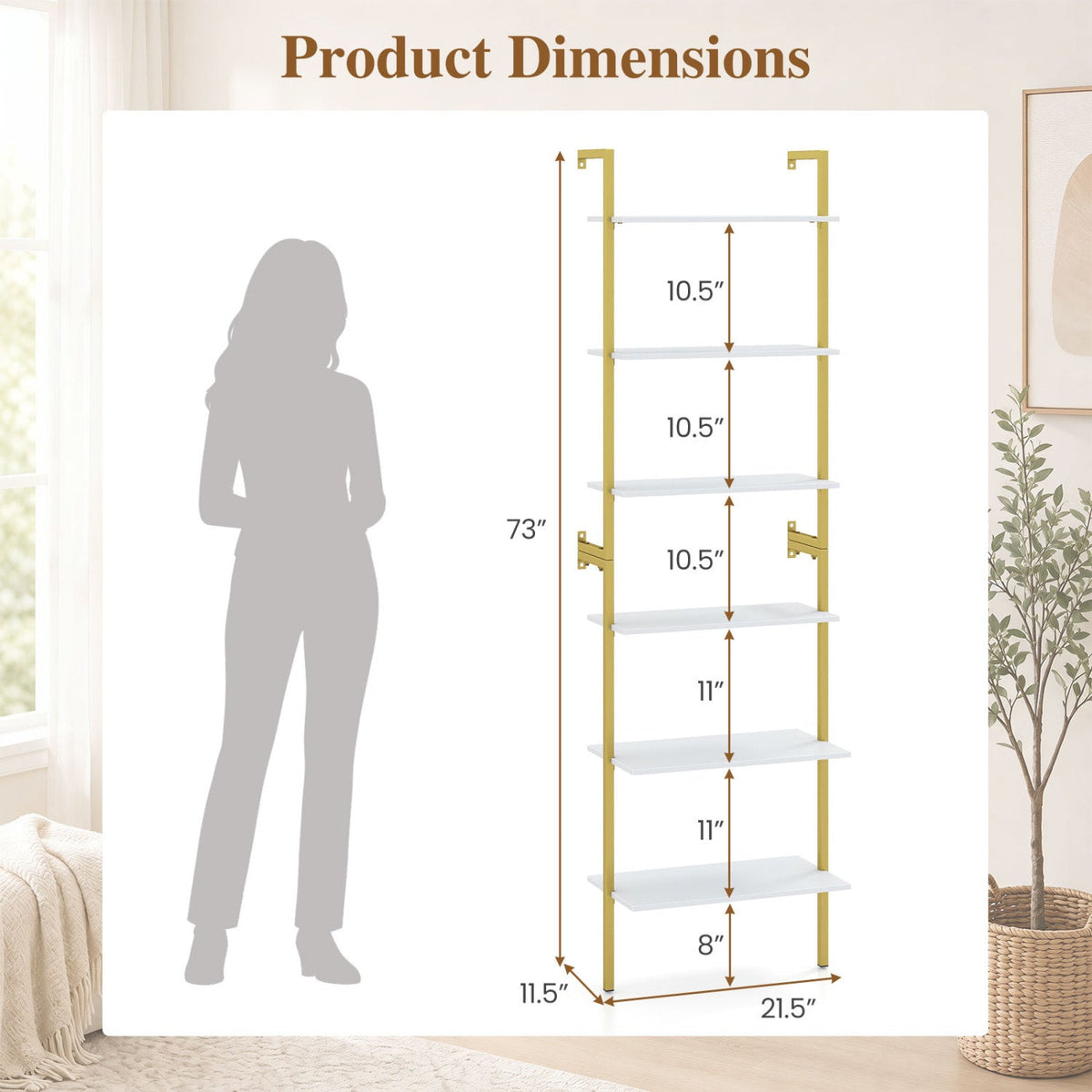 6-Tier Ladder Bookshelf with Metal Frame by DirectDeals, gold frame and white shelves on Tampa Home & Garden Store