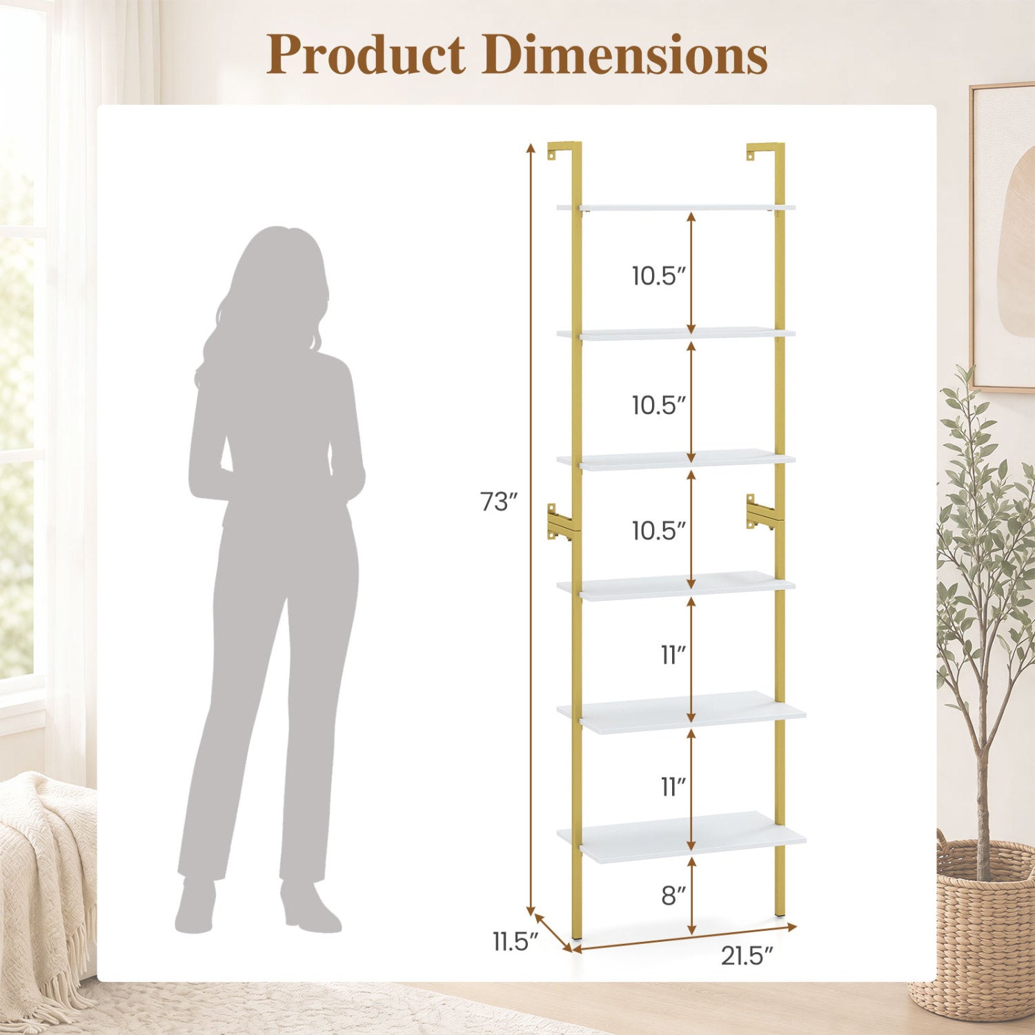 6-Tier Ladder Bookshelf with Metal Frame by DirectDeals, gold frame and white shelves on Tampa Home & Garden Store