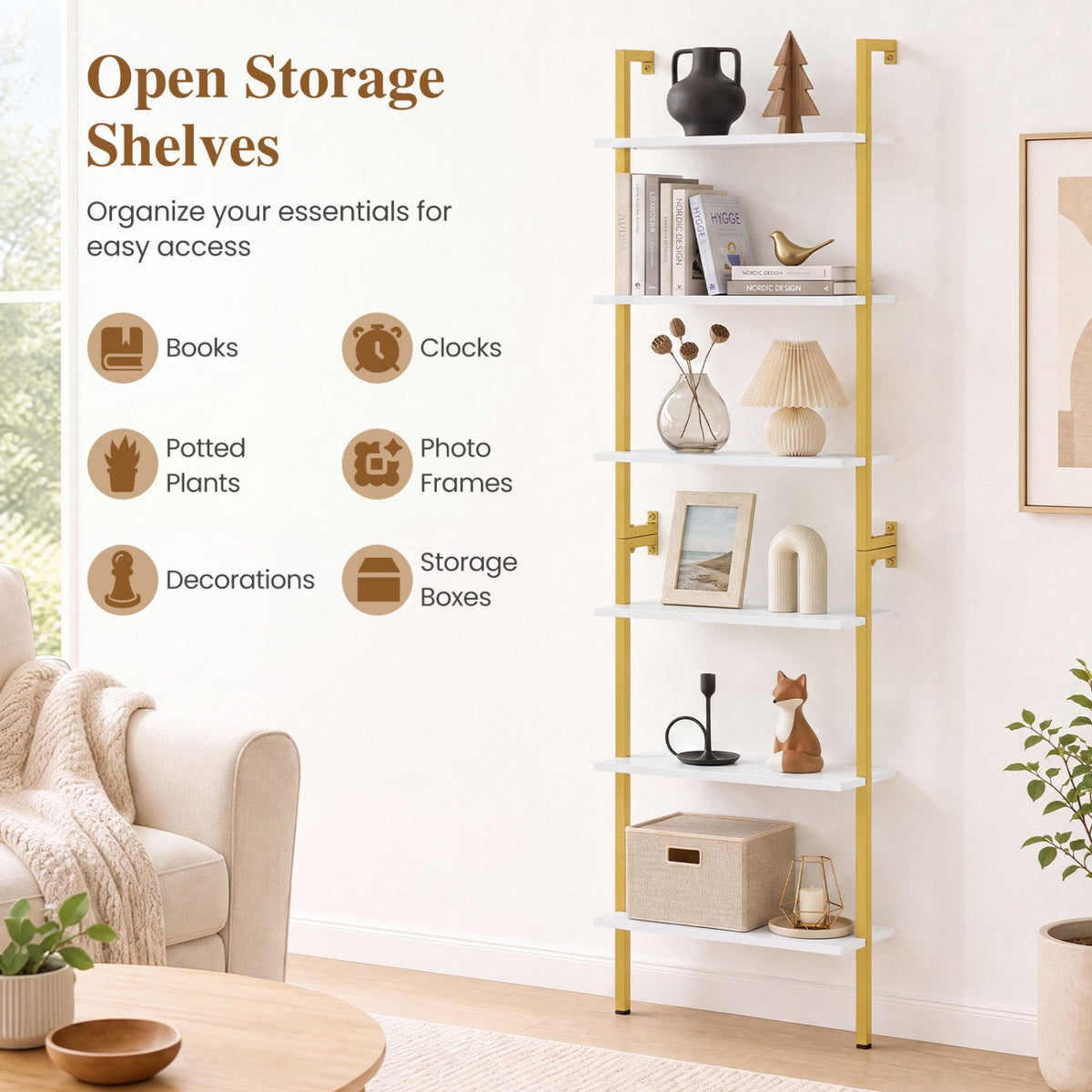 6-Tier Ladder Bookshelf with Metal Frame by DirectDeals, yellow frame, white shelves on Tampa Home & Garden Store