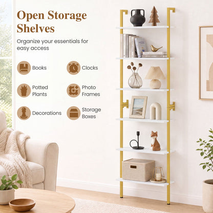 6-Tier Ladder Bookshelf with Metal Frame by DirectDeals, yellow frame, white shelves on Tampa Home & Garden Store