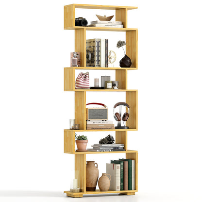 6-Tier Geometric Bookshelf with 2 Anti-Tipping Kits for Home Office-Brown