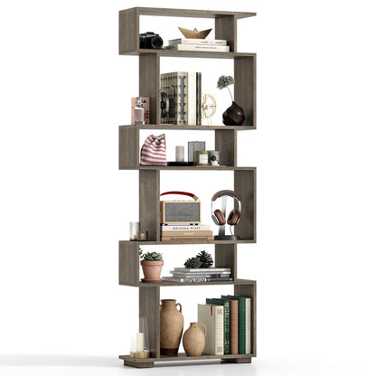 6-Tier Geometric Bookshelf with 2 Anti-Tipping Kits for Home Office-Brown