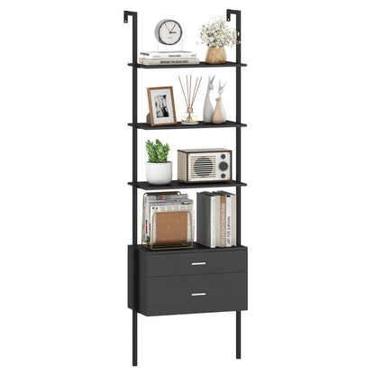 6-Tier Ladder Bookcase with 2 Drawers and Metal Frame-Black