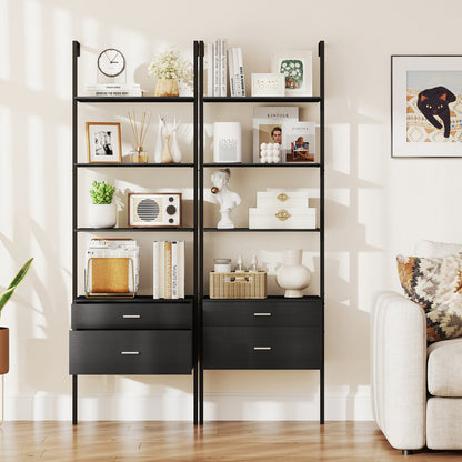6-Tier Ladder Bookcase with 2 Drawers and Metal Frame-Black