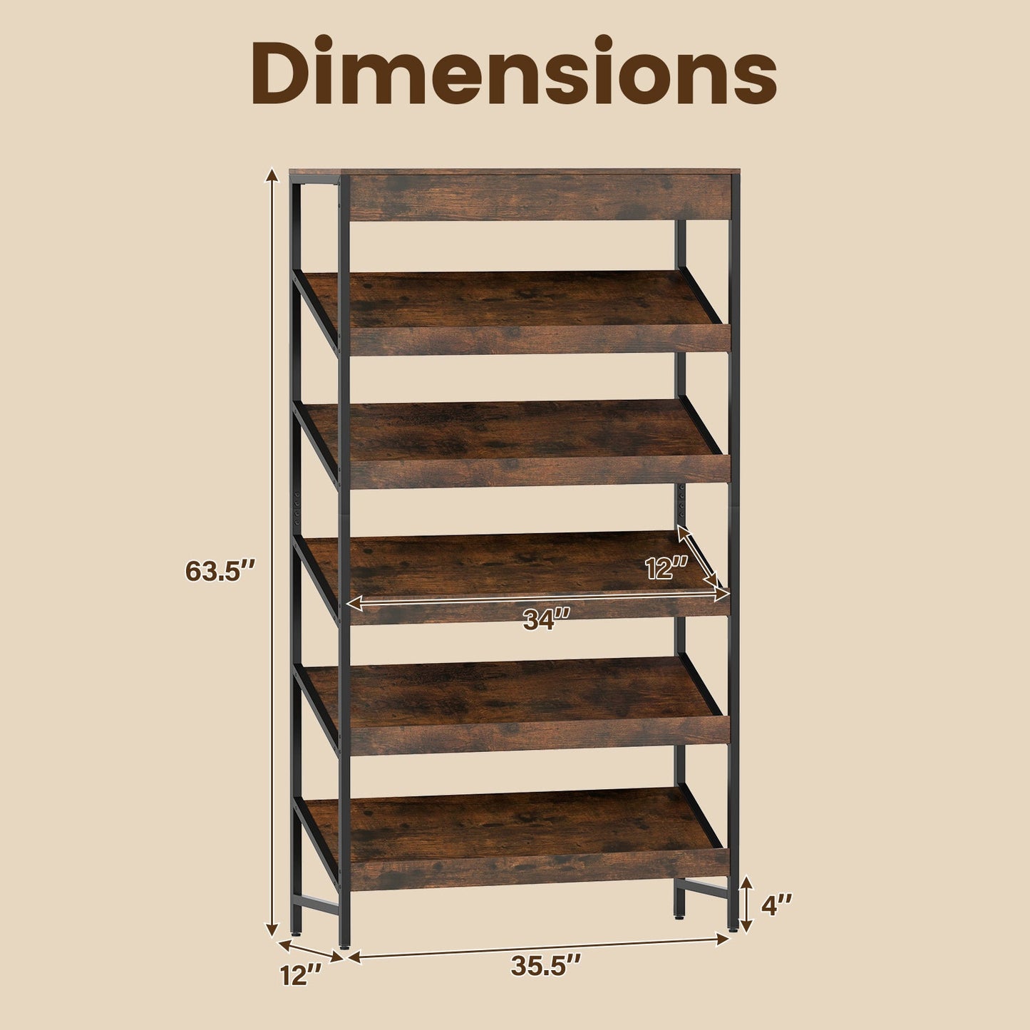 6-Tier Tall Freestanding Bookshelf with Angled Shelves for Home Office-Rustic Brown