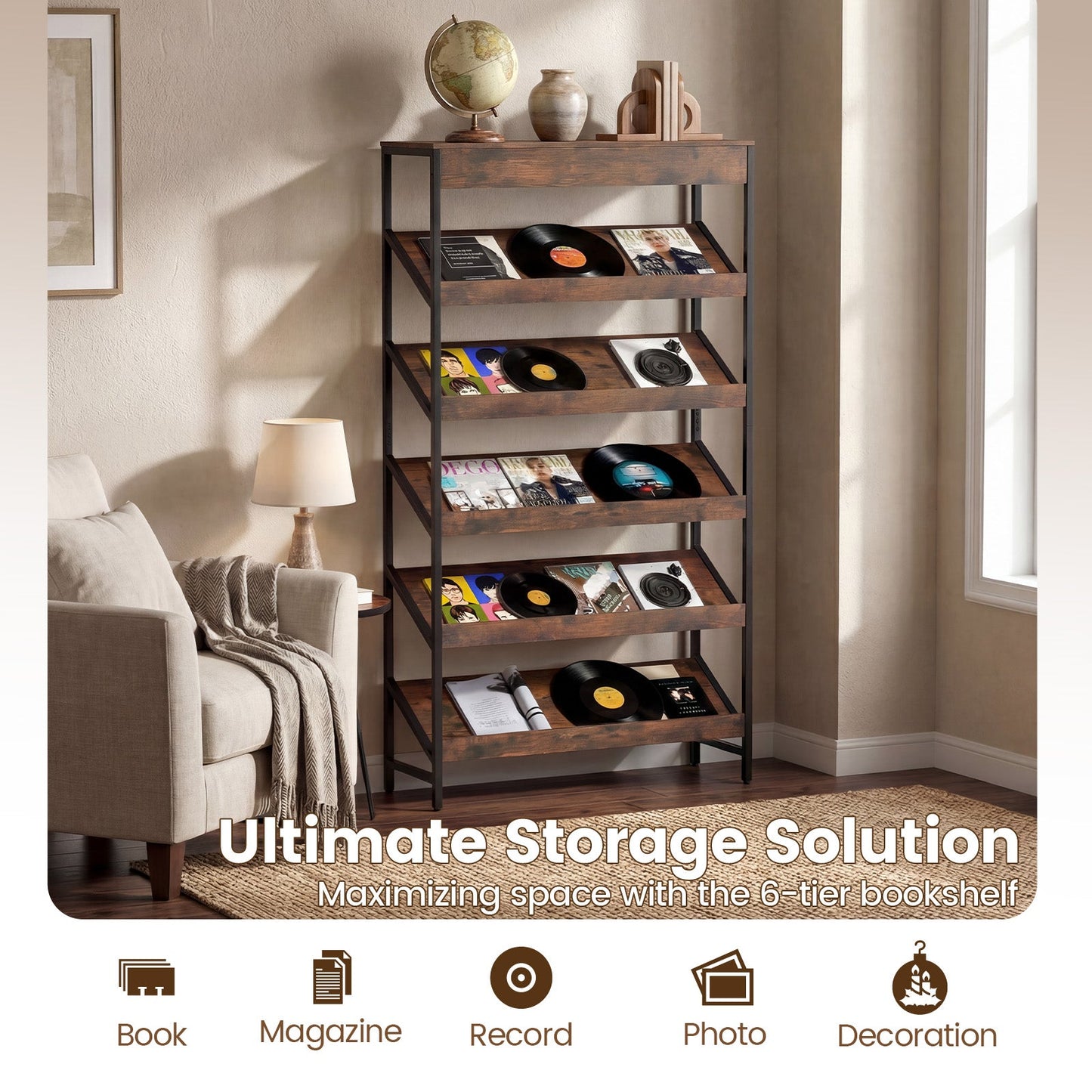 6-Tier Tall Freestanding Bookshelf with Angled Shelves for Home Office-Rustic Brown
