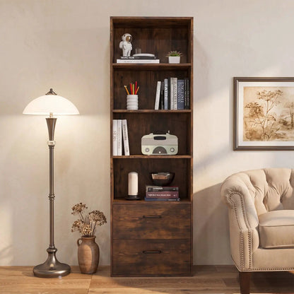 Tall Bookshelf With Drawers In Rustic Brown