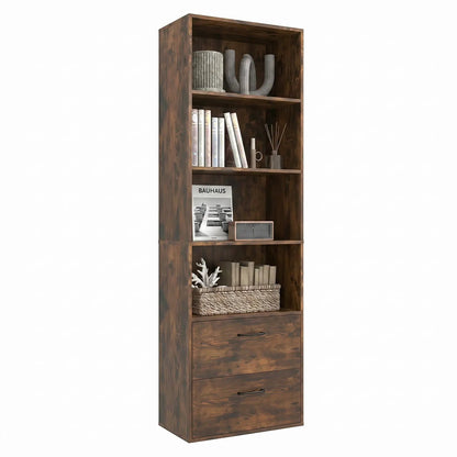 Tall Bookshelf With Drawers In Rustic Brown