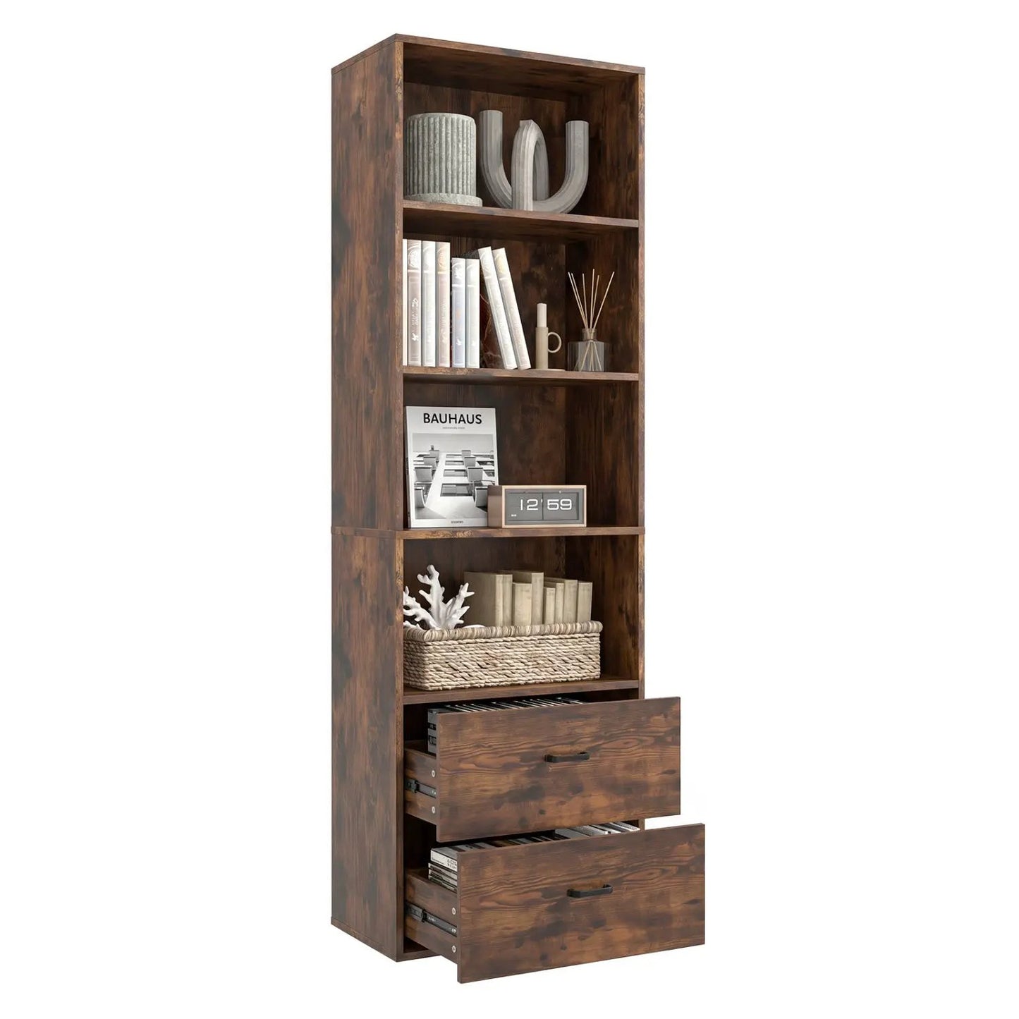 Tall Bookshelf With Drawers In Rustic Brown