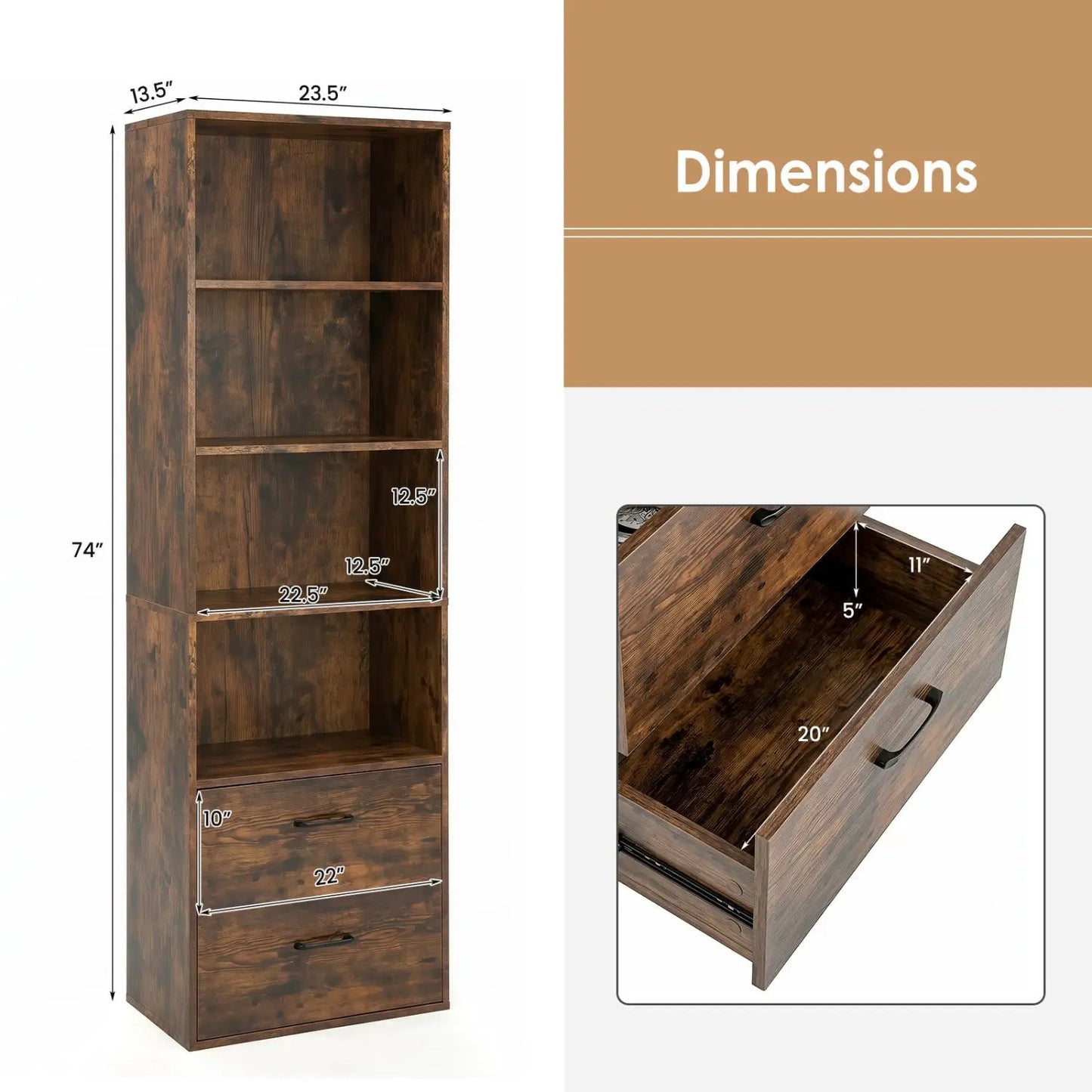 Tall Bookshelf With Drawers In Rustic Brown